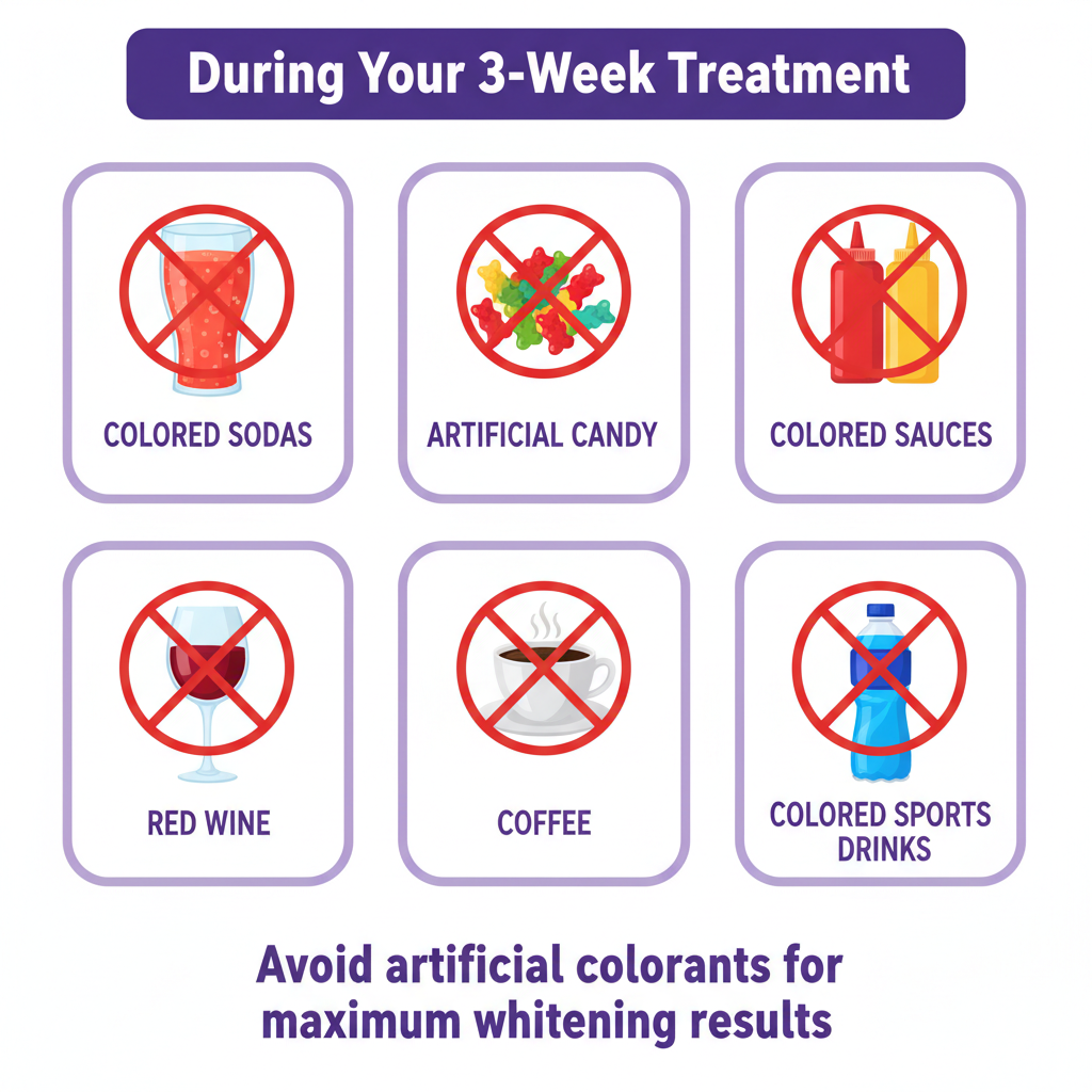 Avoid colored foods and drinks during 3-week whitening treatment